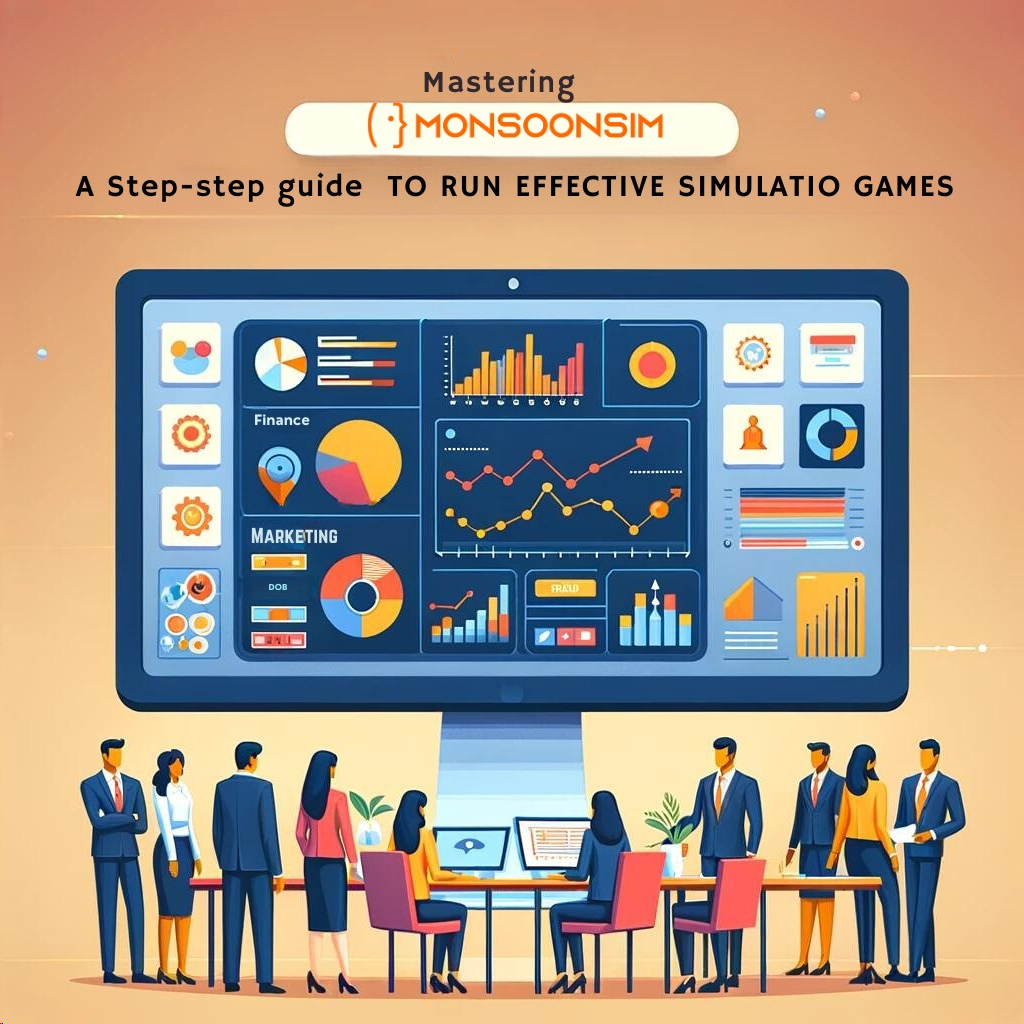A professional and slightly colorful featured image for the guide 'Mastering MonsoonSIM: A Step-by-Step Guide to Facilitating an Engaging Business Simulation Game.' The image shows a modern computer screen displaying a clear business simulation interface with graphs and charts. It also includes subtly colorful icons representing business modules like finance, marketing, and logistics, alongside a small, diverse group of professionals collaborating in a clean, professional office setting. The overall design is simple with a touch of color, conveying a sense of engaging yet straightforward educational content