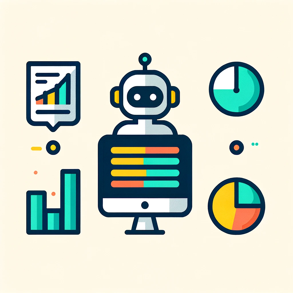 Illustration showcasing a friendly robot interface representing AI assistance, alongside various analytical tools such as graphs, charts, and a pie diagram, symbolizing user-friendly interaction, real-time monitoring, and data analytics capabilities as described in the context of the MonsoonSIM platform