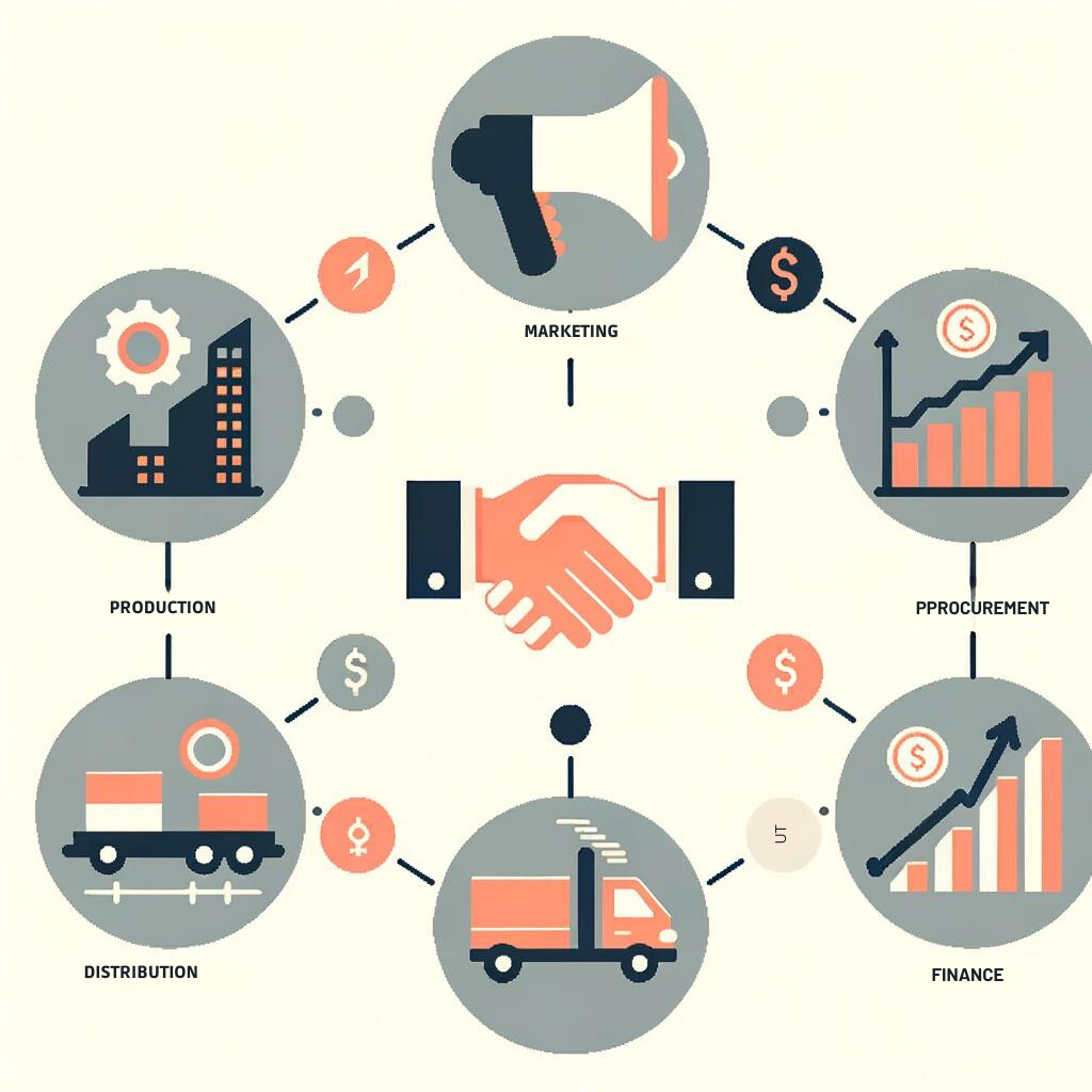 Infographic illustrating the interconnectedness of five core business departments: Marketing, Procurement, Production, Distribution, and Finance. Each department is represented by a distinct icon, with arrows pointing towards their interrelated functions.
