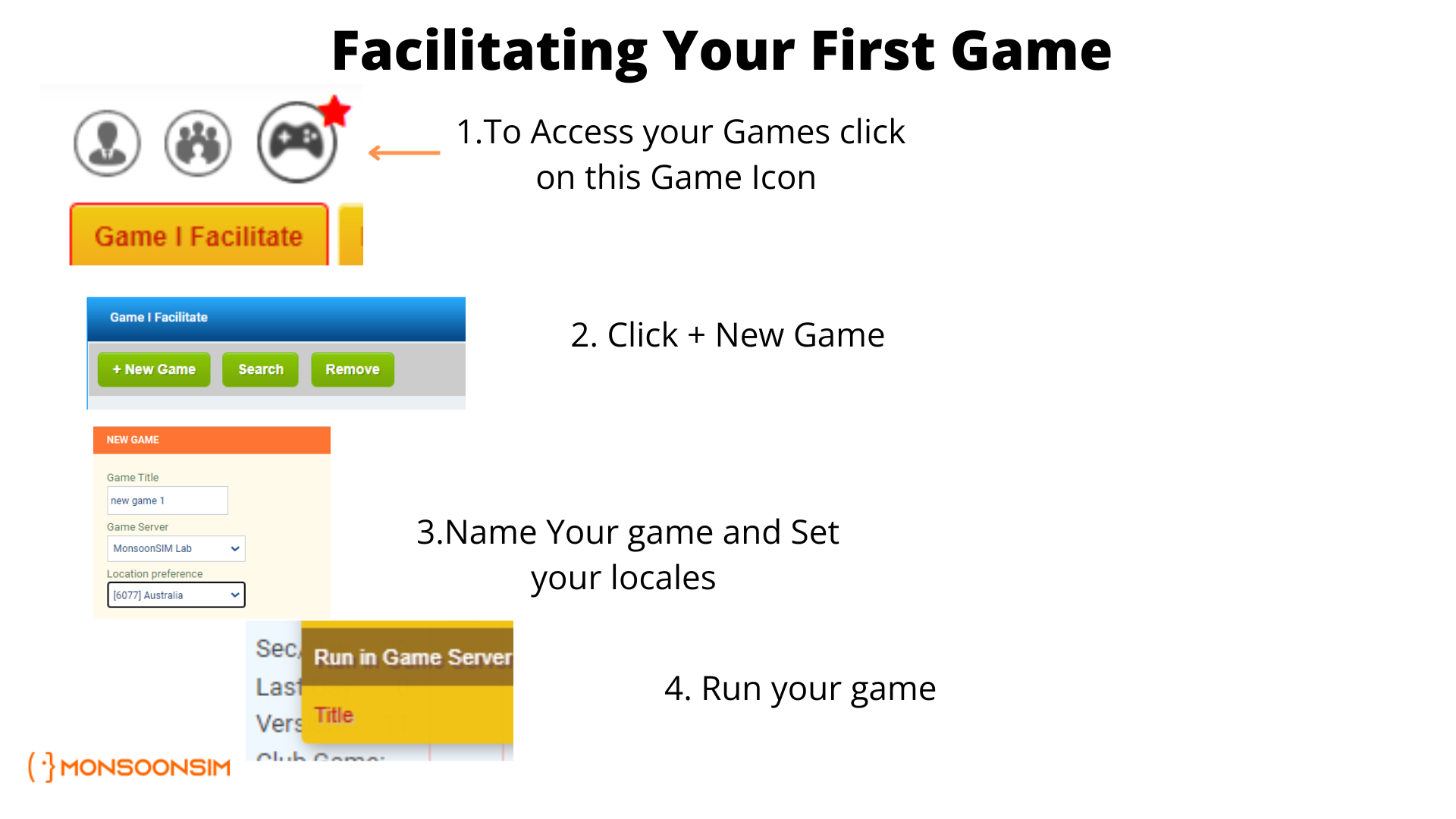 Step-by-step interface guide for facilitators on MonsoonSIM, showing the 'Game I Facilitate' section, with annotations for accessing games, adding a new game, naming your game, setting locales, and the option to run your game