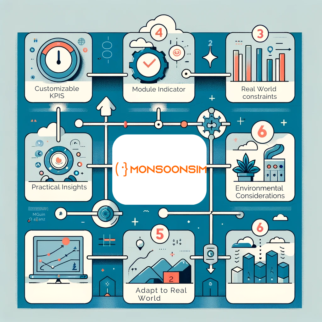 An infographic titled 'MonsoonSIM's Performance Measurement' displays a central MonsoonSIM logo surrounded by six key elements, each with an icon and label. Number 1, 'Customizable KPIs,' shows a gauge icon; 2, 'Module Indicator,' features a checkmark inside a cloud; 3, 'Real World constraints,' is represented by a bar graph; 4, 'Practical Insights,' has a monitor with graphs; 5, 'Adapt to Real World,' is depicted with a puzzle piece fitting into a cityscape; and 6, 'Environmental Considerations,' shows a plant with gear wheels. The design uses a cohesive blue and orange color scheme, creating a harmonious and informative visual on performance measurement in business simulations