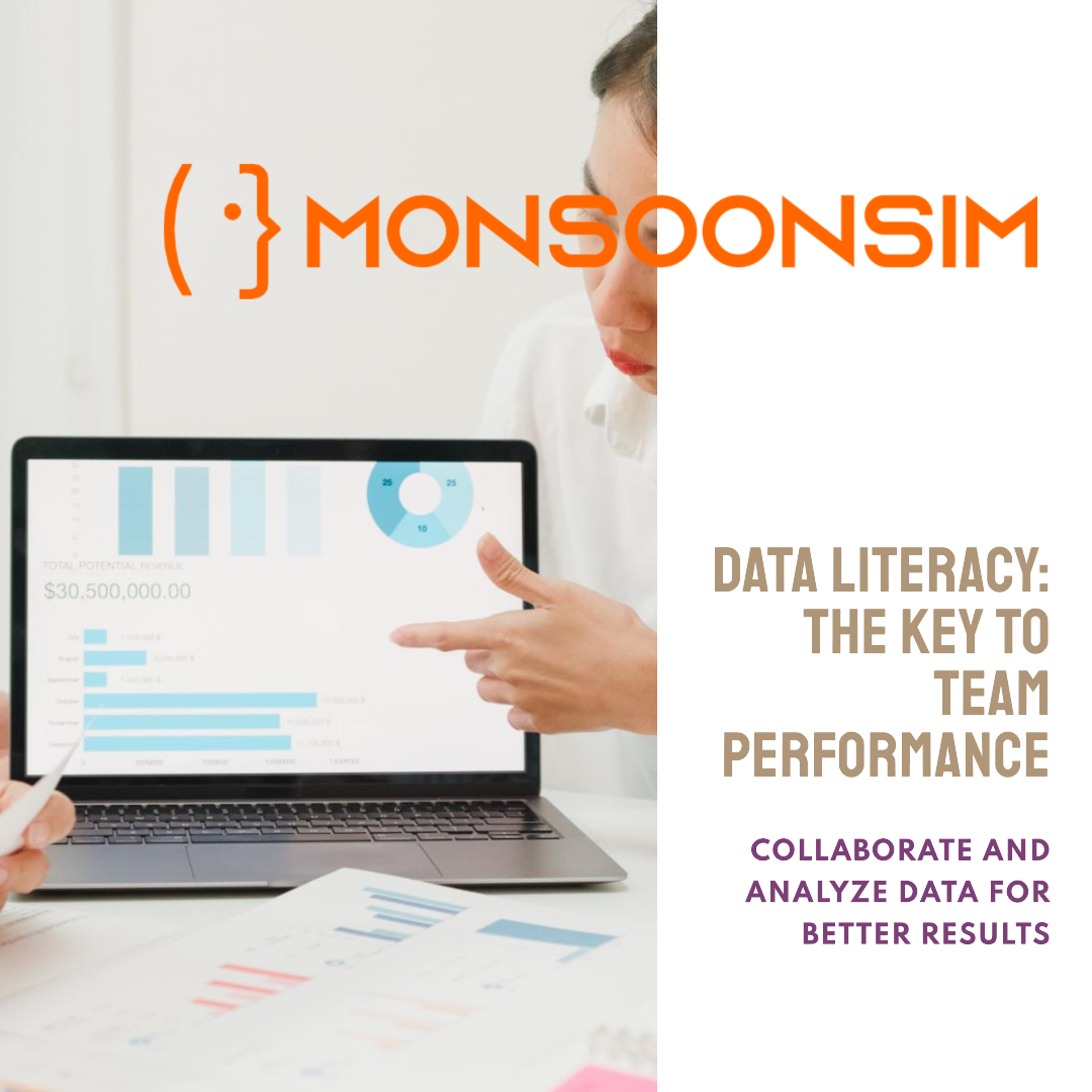 MonsoonSIM promotional image featuring a focused individual pointing at a laptop screen displaying various data charts, with text emphasizing 'Data Literacy: The Key to Team Performance' and the tagline 'Collaborate and Analyze Data for Better Results