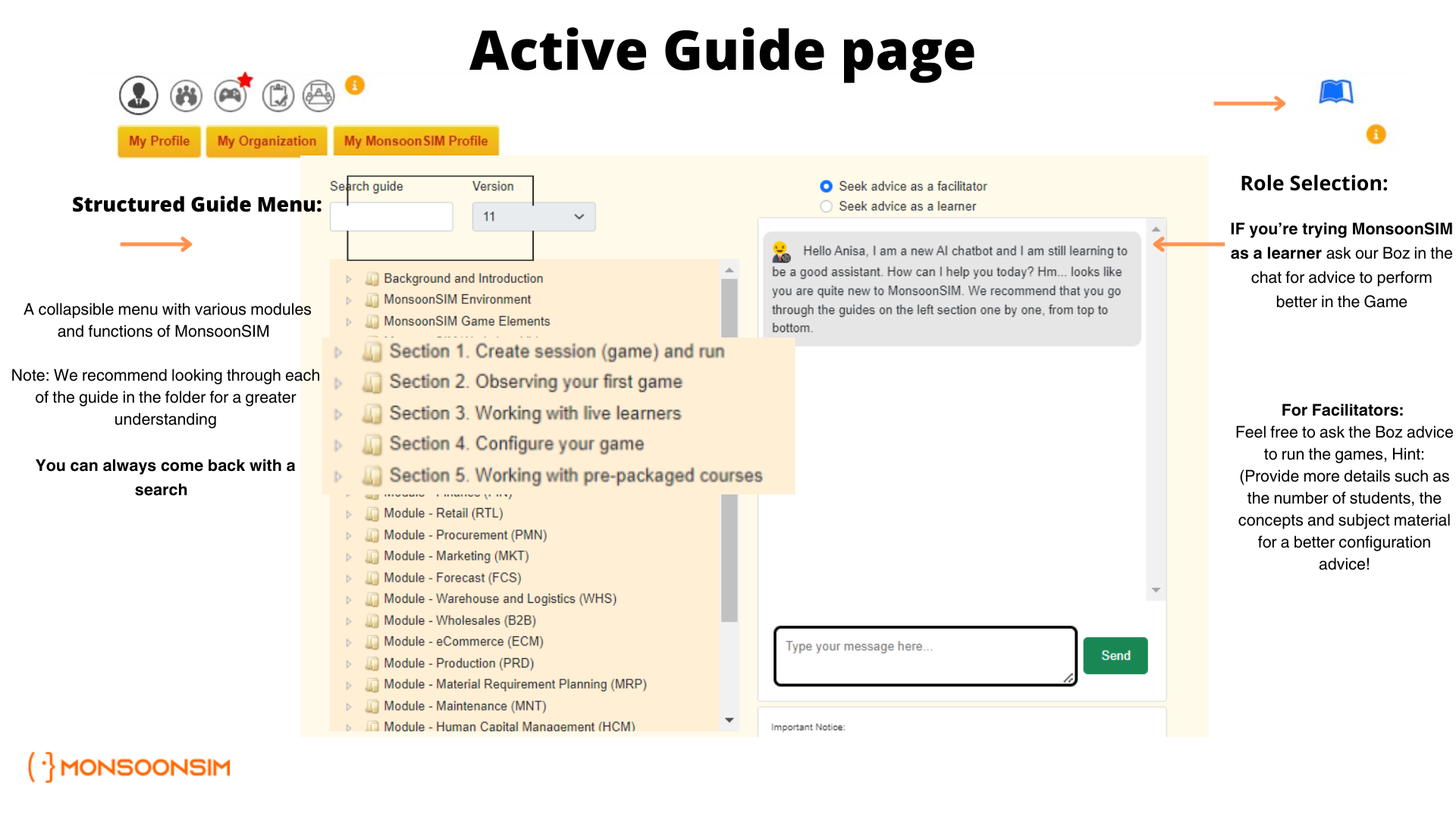 Screenshot of the Active Guide page in MonsoonSIM, featuring a collapsible menu with various modules and functions for facilitators and learners, and a chat window with Boz, the AI chatbot, offering assistance