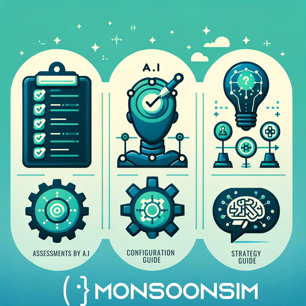Infographic with three distinct icons representing MonsoonSIM's AI advancements. The first icon shows a robotic head with a checkmark, symbolizing AI-powered assessments. The second icon features a gear intertwined with a neural network pattern, depicting AI-assisted configuration guide. The third icon illustrates a humanoid figure with a digital brain, representing AI advice for student gameplay. E