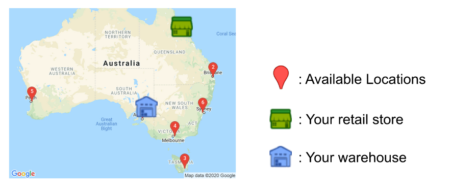 Map of Australia from MonsoonSIM displaying various available locations marked with red pins and symbols indicating player's retail stores and warehouses